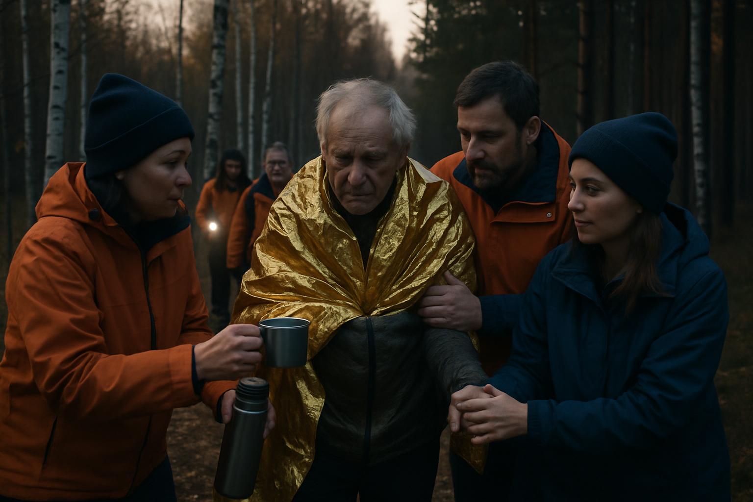 Вечер в осеннем лесу среди берёз и сосен: люди в оранжевых и тёмно-синих куртках — по-видимому, участники поисков — выводят из леса уставшего пожилого мужчину, укутанного в золотистое спасательное одеяло. Мужчина и девушка поддерживают его под руки, женщина протягивает ему металлическую кружку, в другой руке у неё термос; позади идут ещё двое в таких же куртках, у одного из них горит фонарь.